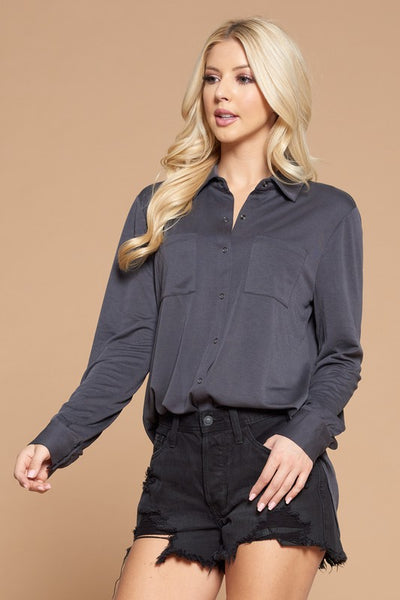 Carly Button Blouse - Charcoal