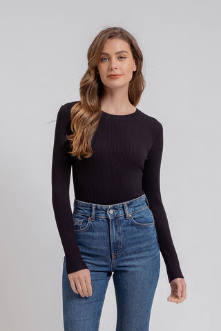 Solid Ribbed Long Sleeve Top - Black