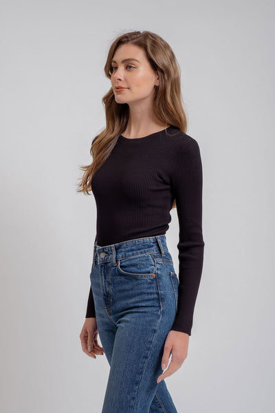 Solid Ribbed Long Sleeve Top - Black