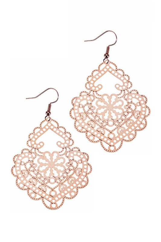 Rose Gold Filigree Drop Earrings